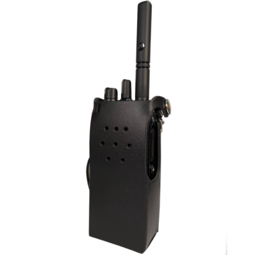 Peter Jones Hard Leather Case with Flap, D-Rings and Belt Loop - For R7 Series Motorola Two Way Radio (Large Battery)